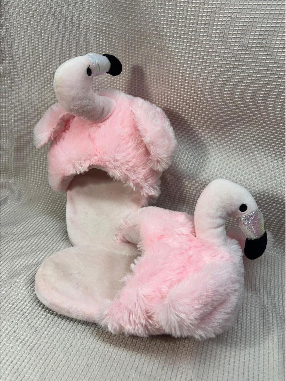 89 - plush flamingo animal slippers 3D flamingo head & non-slip soles. Small 5-6